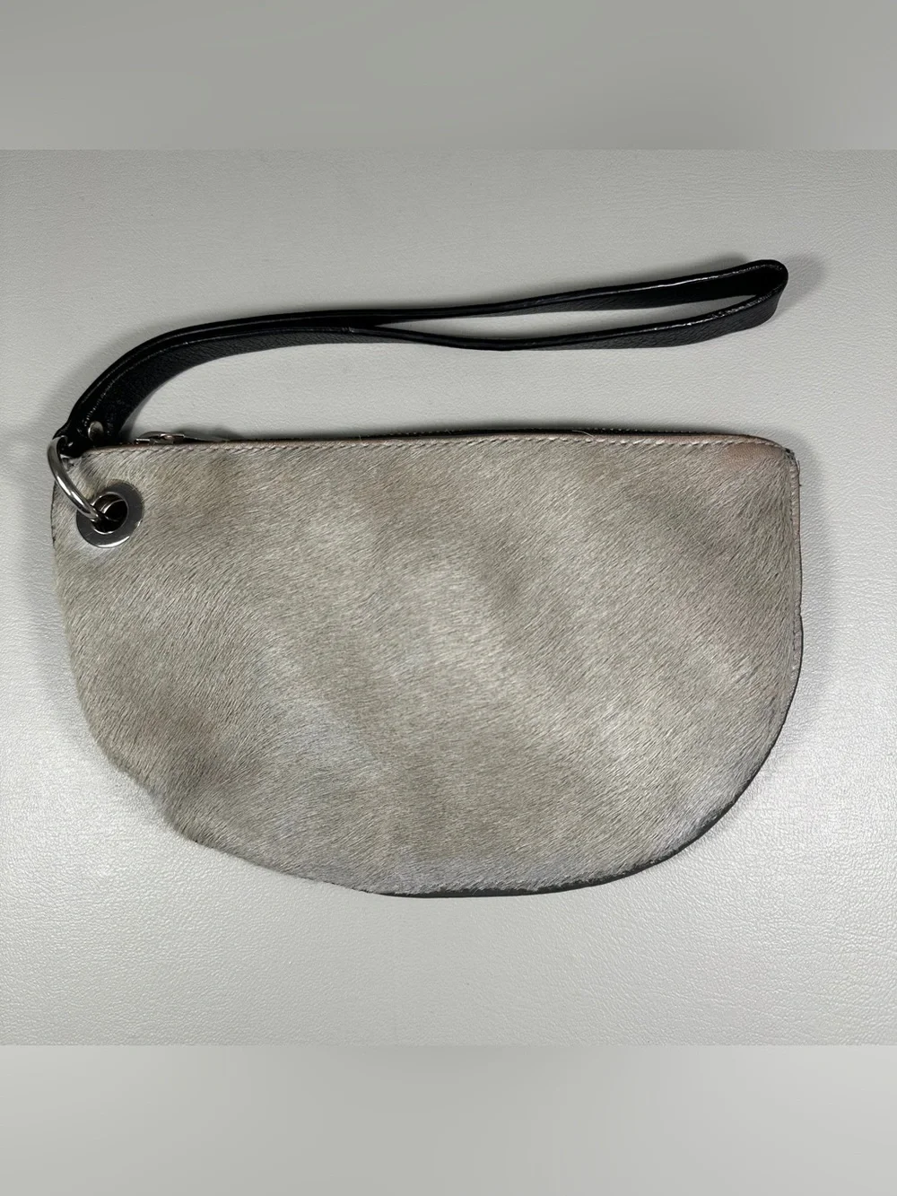 PUNTO FIBBIA Italian Calf Hair Genuine Leather Half Circle Wristlet Clutch